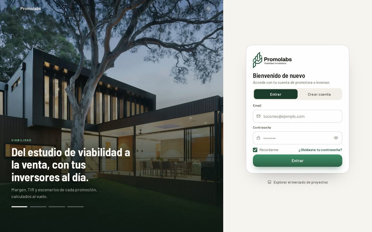 Pantalla de acceso de Promolabs: a la izquierda el reclamo sobre una foto de una promoción; a la derecha el formulario de entrada.