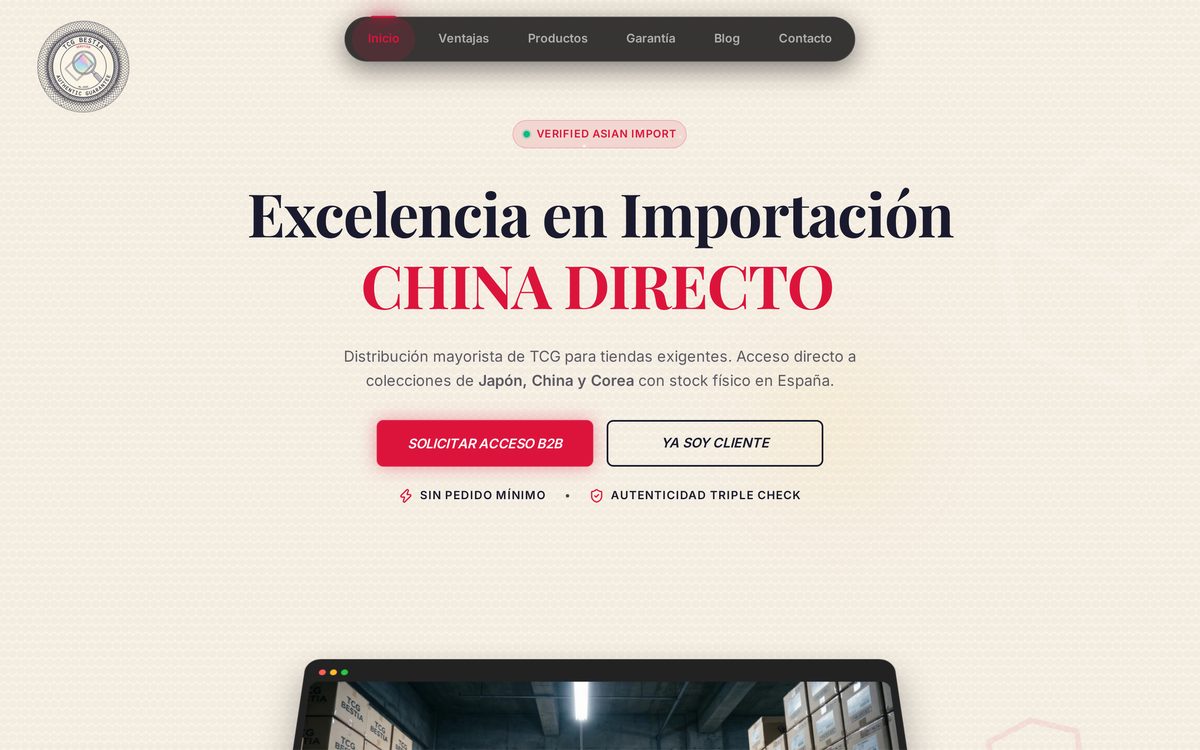 Portada de TCG Bestia: titular Excelencia en Importación, menú superior y dos botones de acceso para tiendas.
