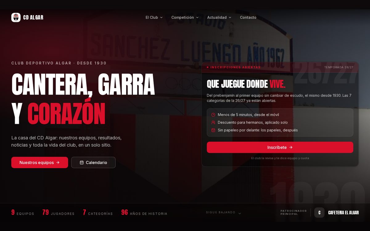 Portada del CD Algar: el titular Cantera, garra y corazón sobre una foto del estadio, y el panel de inscripciones de la temporada 26/27.